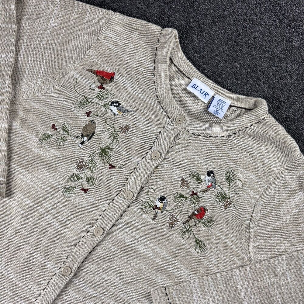 Vintage Blair Beige Wild Bird Cardinal Embroidered Cardigan Sweater Size 3XL
